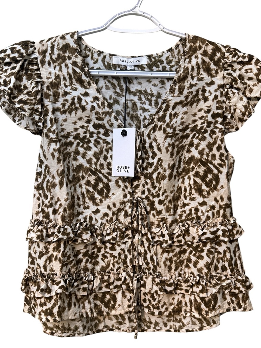 Rose & Olive Beige & Brown Ruffle Tie-Front Women’s Blouse XS